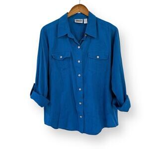 VTG Chicos Royal Blue 100% Silk Jacquard Leaf Roll Tab Button Down Shirt Sz 2 L